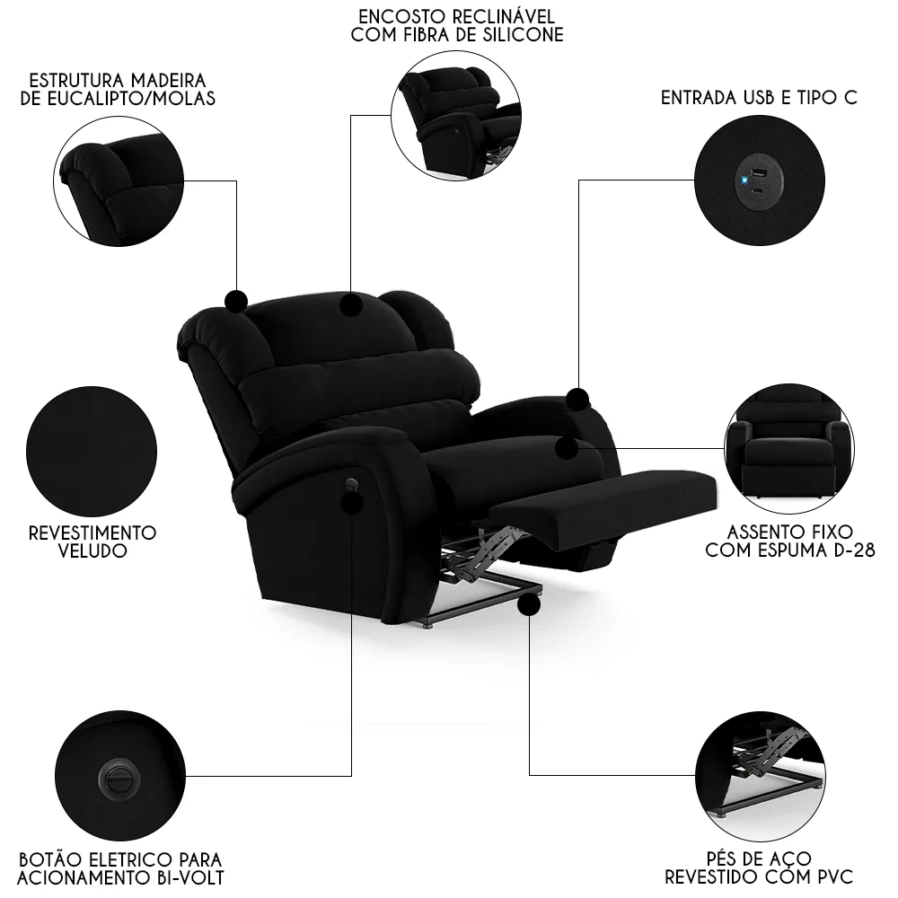 Poltrona do Papai Reclinável Kalie Power Elétrica USB FH9 Veludo Preto - Mpozenato