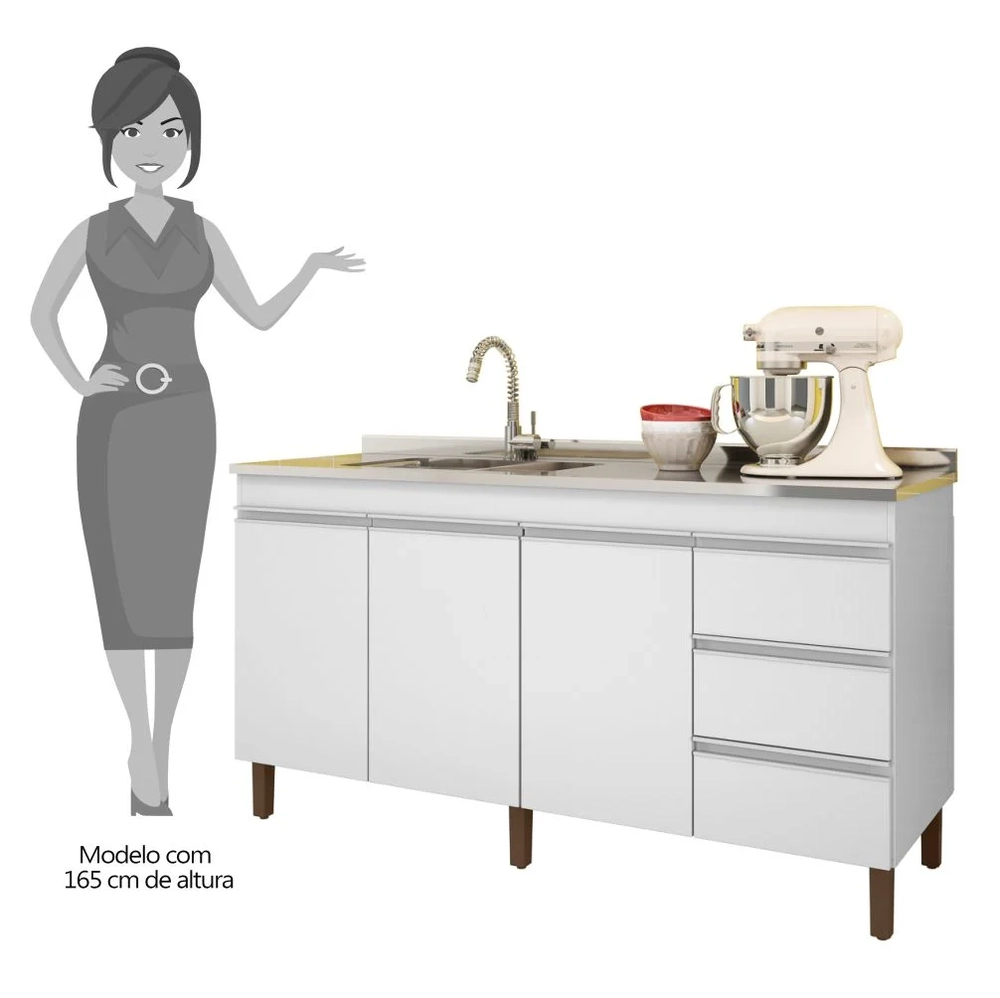 Balcão Gabinete Para Pia 160cm Sem Tampo 3 Portas Karen Z49 Branco - Mpozenato