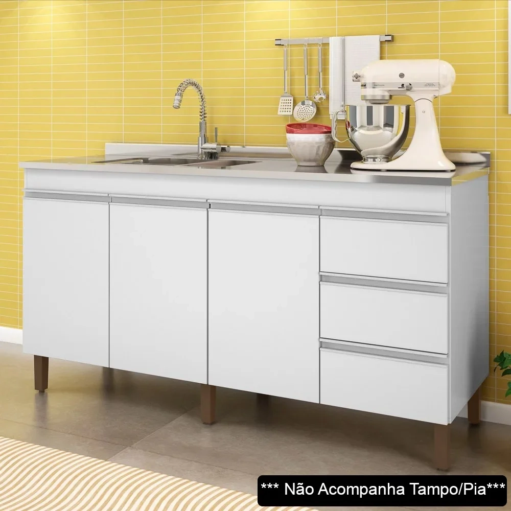 Balcão Gabinete Para Pia 160cm Sem Tampo 3 Portas Karen Z49 Branco - Mpozenato