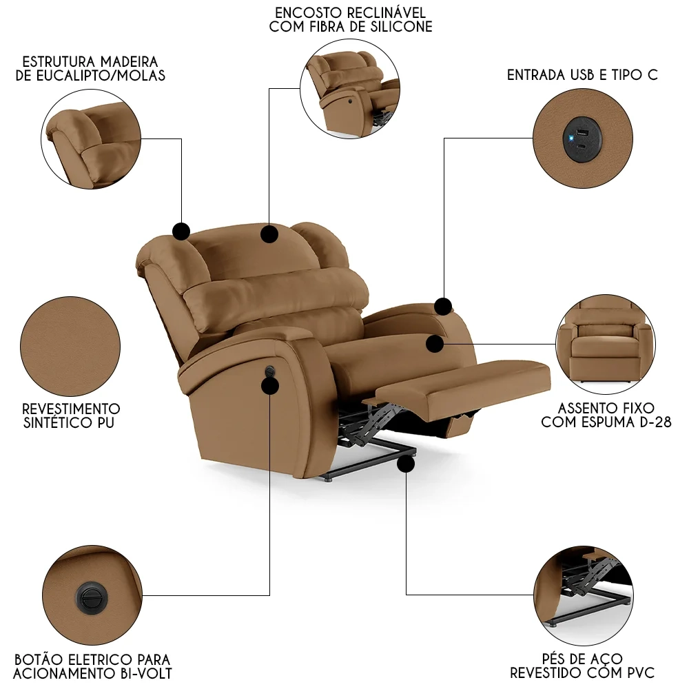 Poltrona do Papai Reclinável Kalie Power Elétrica USB FH9 PU Caramelo - Mpozenato