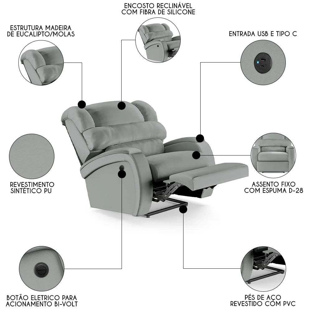 Poltrona do Papai Reclinável Kalie Power Elétrica USB FH9 PU Cinza - Mpozenato