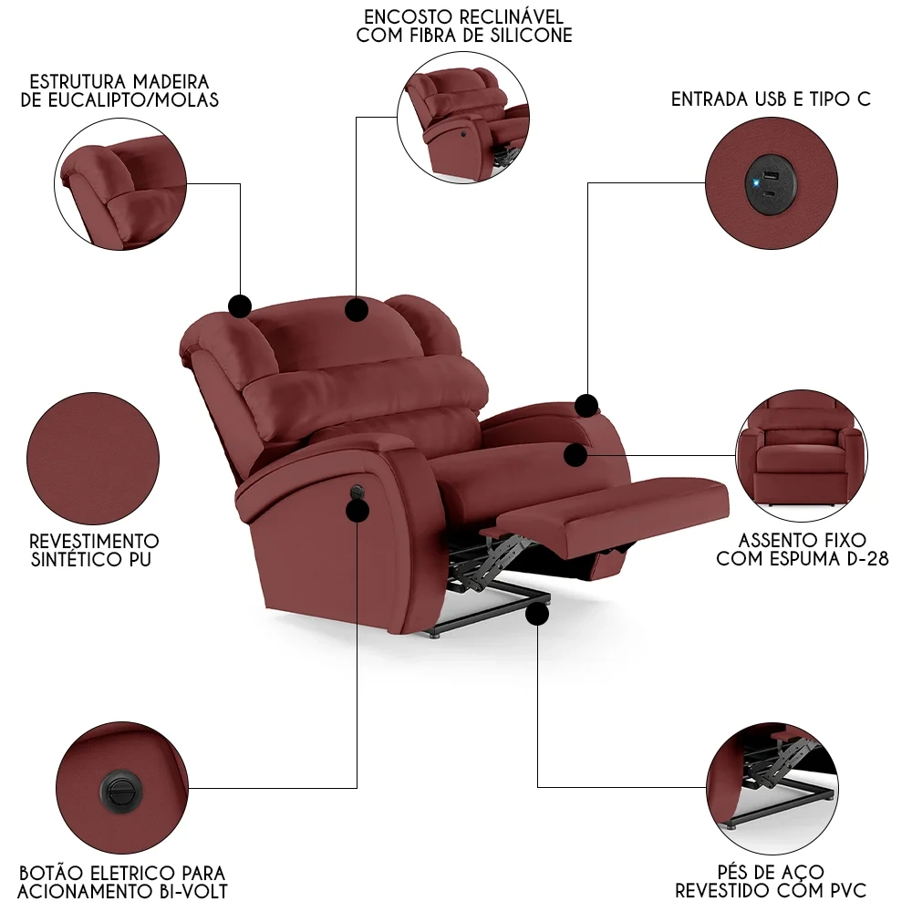 Poltrona do Papai Reclinável Kalie Power Elétrica USB FH9 PU Vermelho - Mpozenato