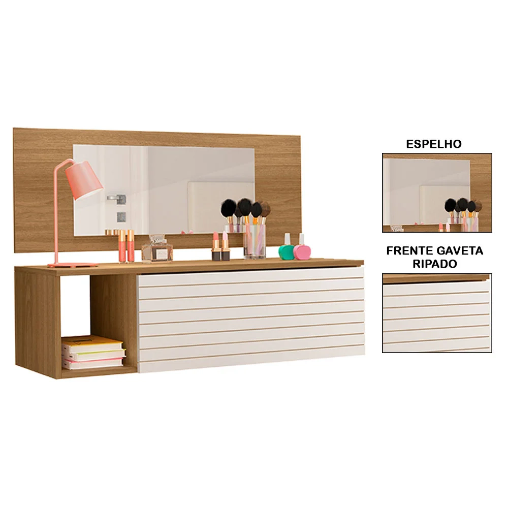 Penteadeira Suspensa com Painel e Espelho Joy Z49 Nature/Branco - Mpozenato