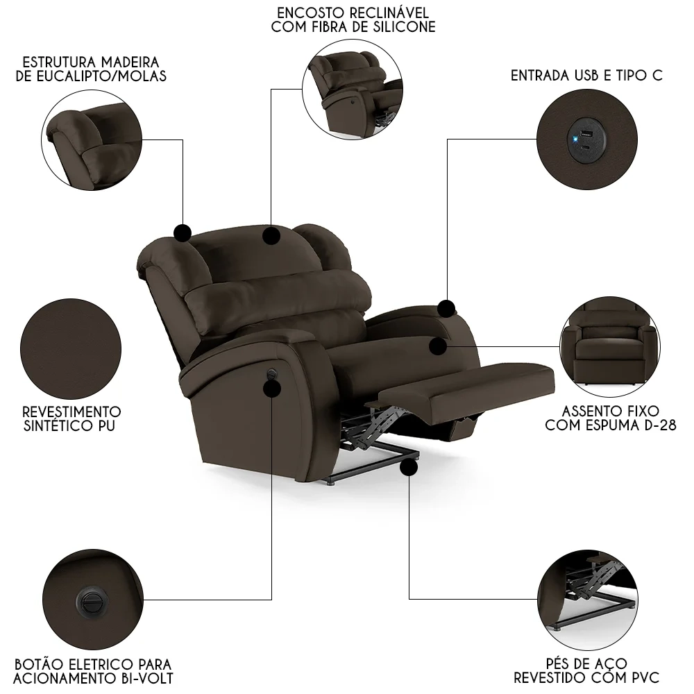 Poltrona do Papai Reclinável Kalie Power Elétrica USB FH9 PU Marrom - Mpozenato
