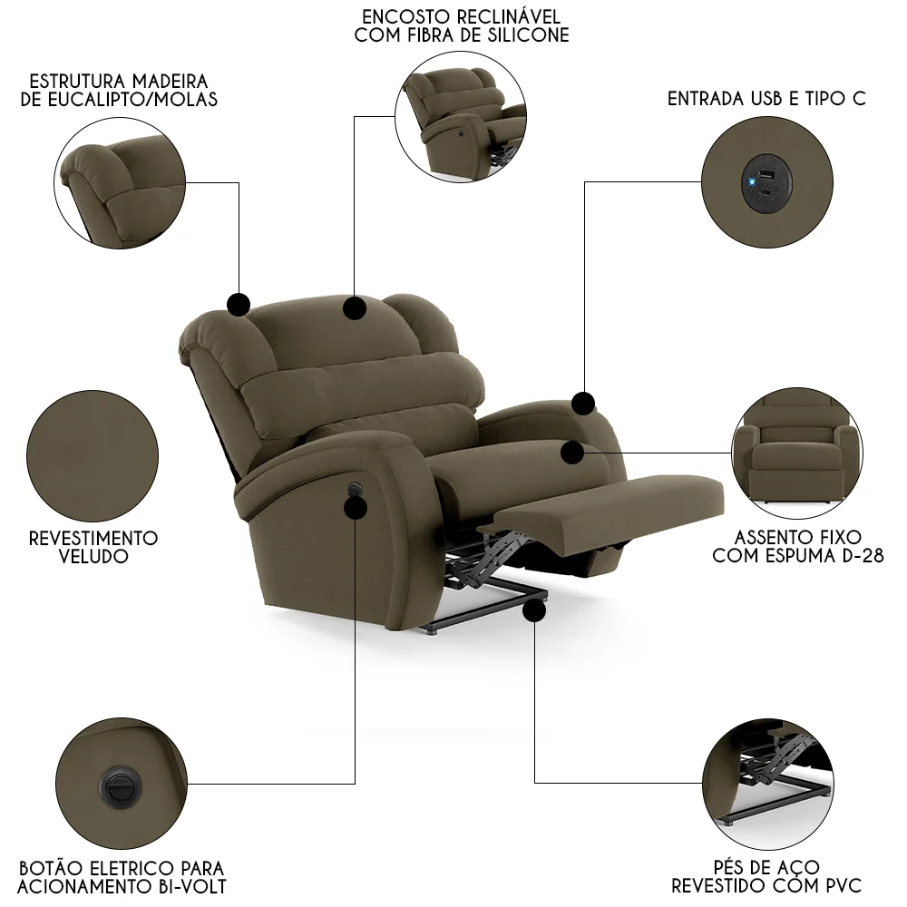 Poltrona do Papai Reclinável Kalie Power Elétrica USB FH9 Veludo Capuccino - Mpozenato