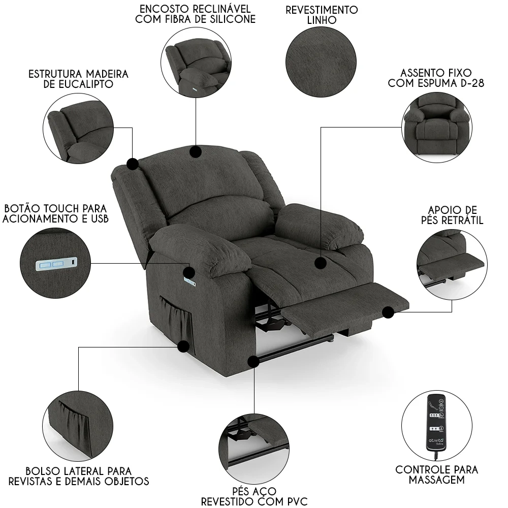 Poltrona do Papai Reclinável Pietra Elétrica LED Massagem FH9 Linho Grafite - Mpozenato
