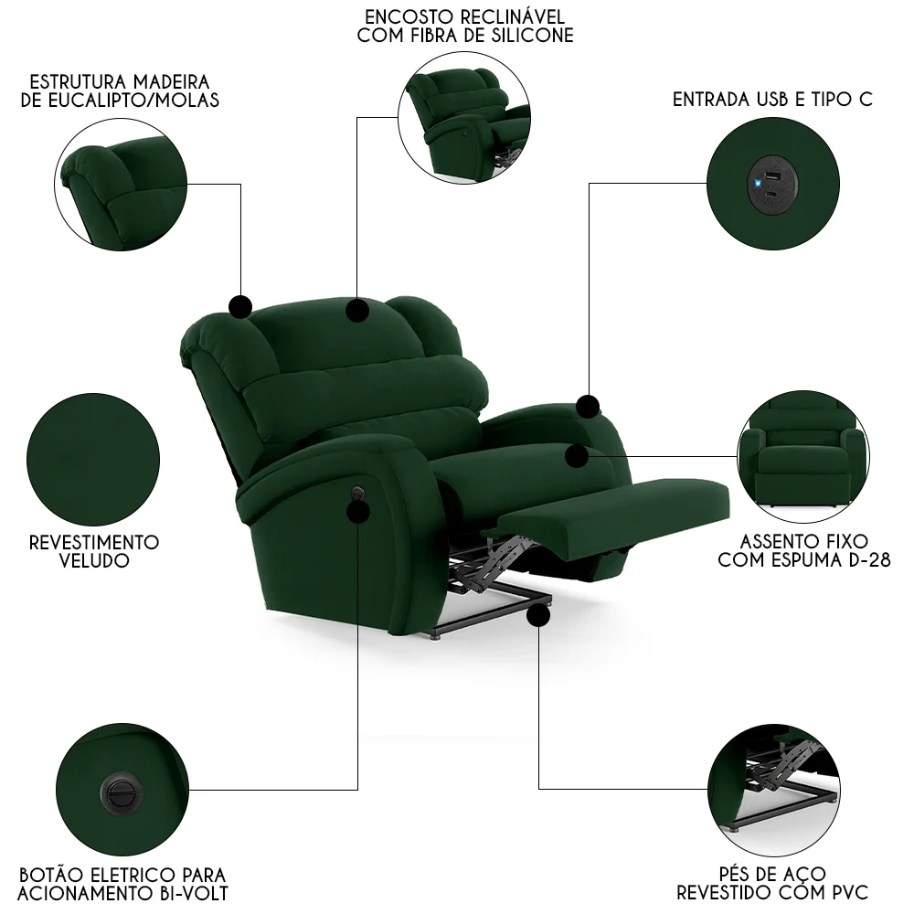 Poltrona do Papai Reclinável Kalie Power Elétrica USB FH9 Veludo Verde - Mpozenato