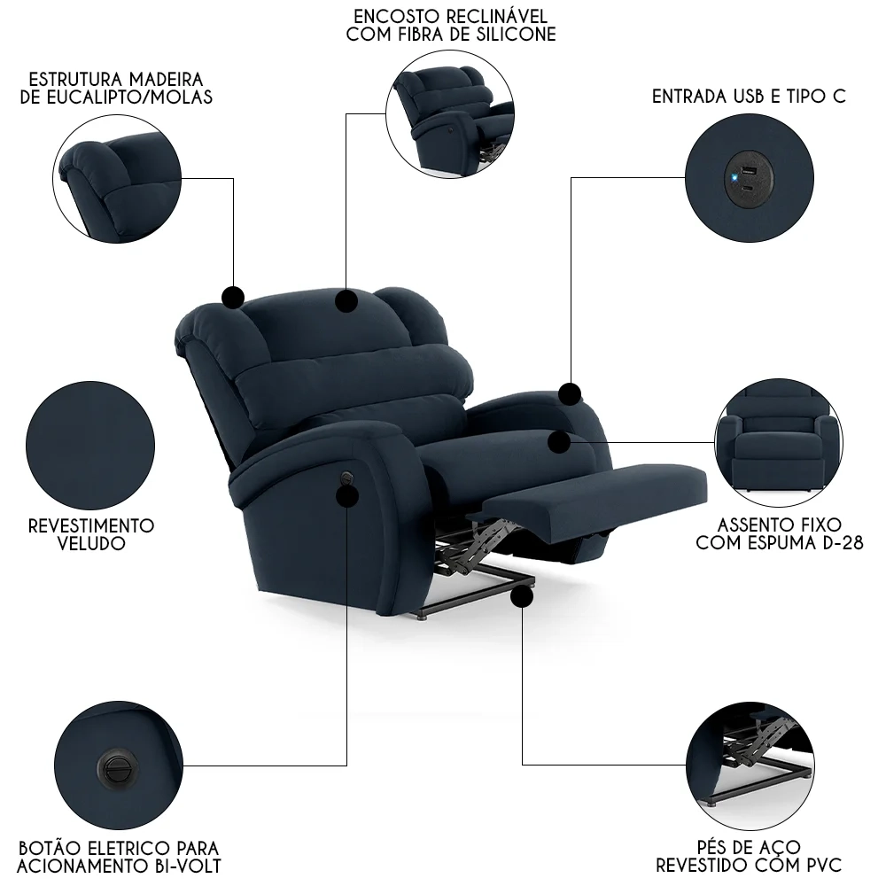 Poltrona do Papai Reclinável Kalie Power Elétrica USB FH9 Veludo Azul - Mpozenato
