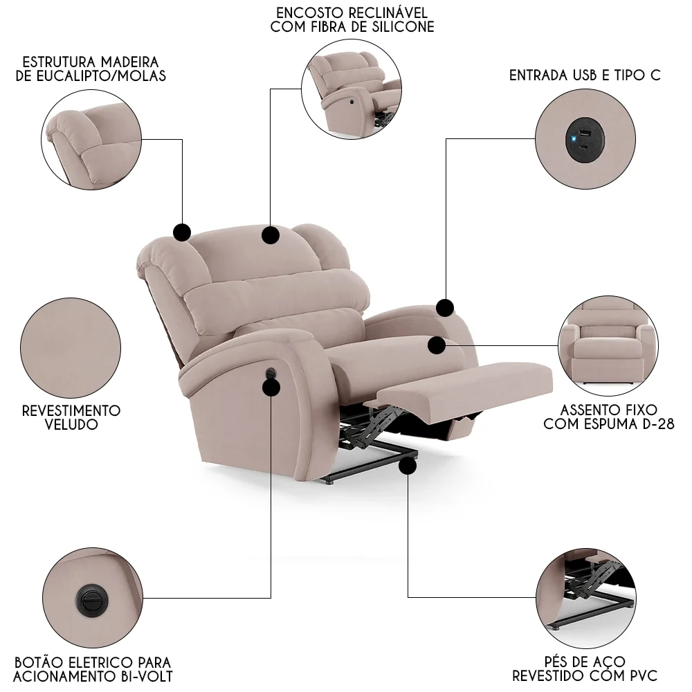 Poltrona do Papai Reclinável Kalie Power Elétrica USB FH9 Veludo Rosê - Mpozenato