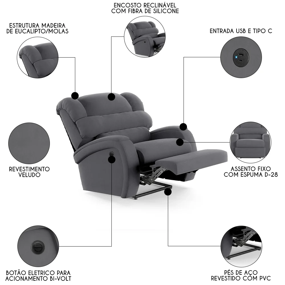 Poltrona do Papai Reclinável Kalie Power Elétrica USB FH9 Veludo Cinza - Mpozenato