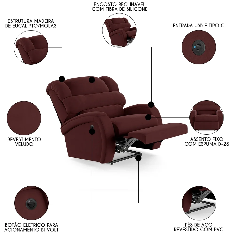 Poltrona do Papai Reclinável Kalie Power Elétrica USB FH9 Veludo Vinho - Mpozenato