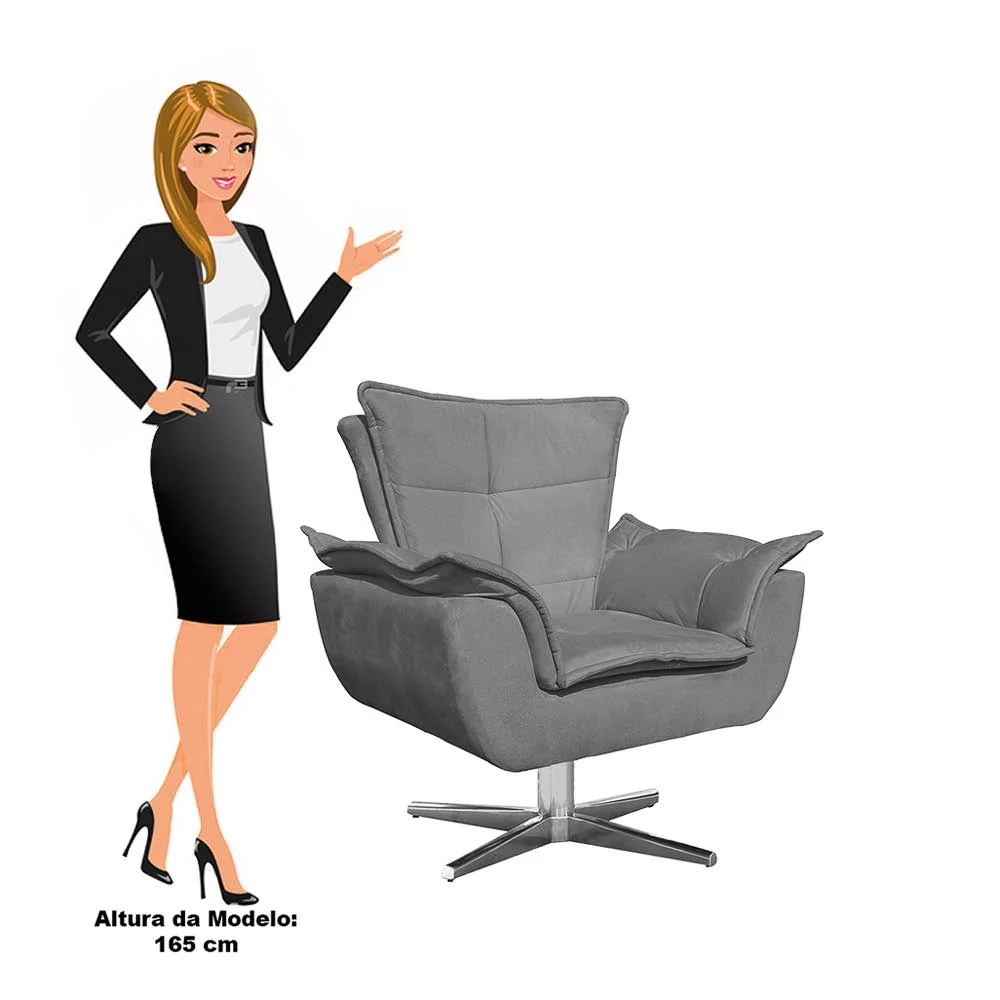 Poltrona Decorativa Sala de Estar Base Giratória Cromada Opla Suede Grafite - Ibiza