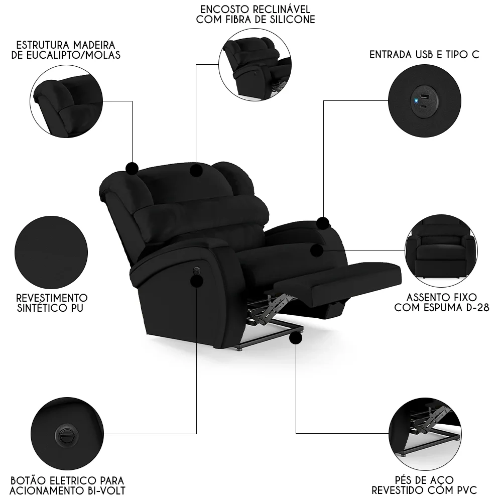 Poltrona do Papai Reclinável Kalie Power Elétrica USB FH9 PU Preto - Mpozenato