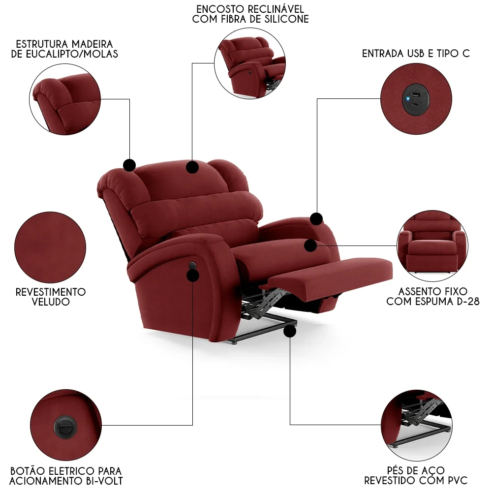 Poltrona do Papai Reclinável Kalie Power Elétrica USB FH9 Veludo Vermelho - Mpozenato