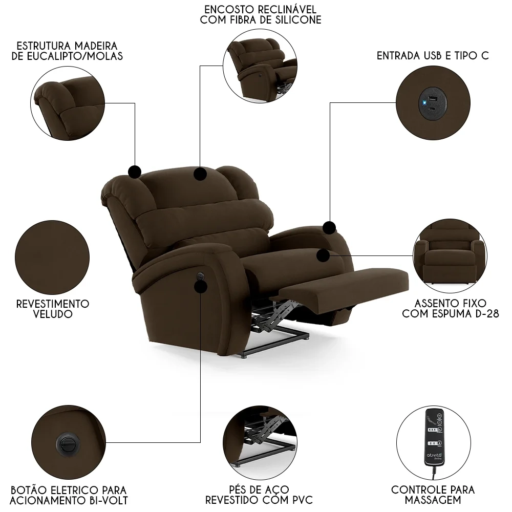 Poltrona do Papai Reclinável Kalie Power Elétrica Massagem FH9 Veludo Marrom - Mpozenato