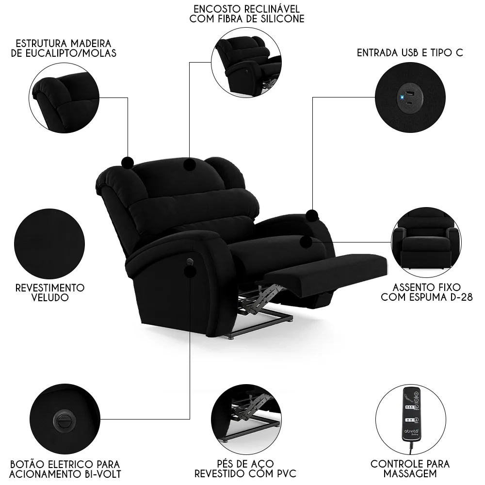 Poltrona do Papai Reclinável Kalie Power Elétrica Massagem FH9 Veludo Preto - Mpozenato