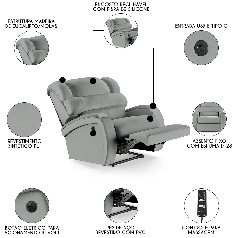 Poltrona do Papai Reclinável Kalie Power Elétrica Massagem FH9 PU Cinza - Mpozenato