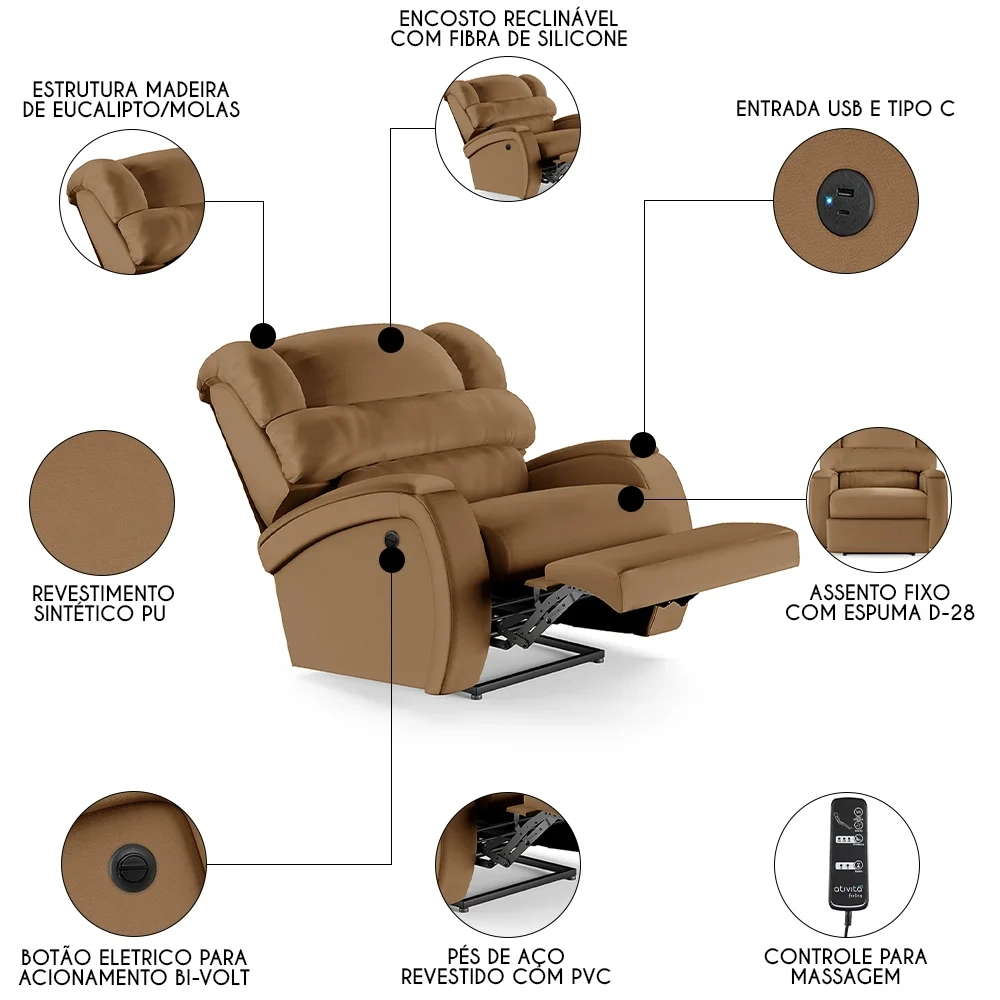 Poltrona do Papai Reclinável Kalie Power Elétrica Massagem FH9 PU Caramelo - Mpozenato