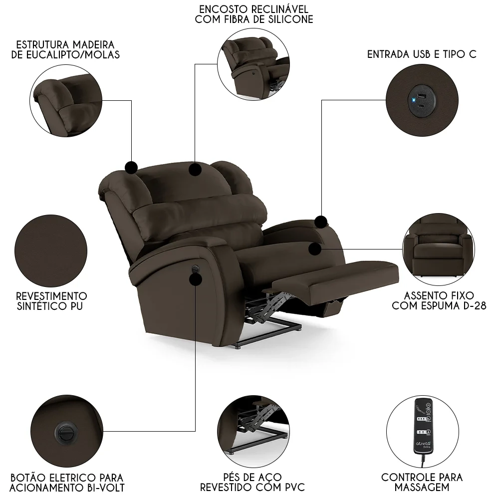 Poltrona do Papai Reclinável Kalie Power Elétrica Massagem FH9 PU Marrom - Mpozenato