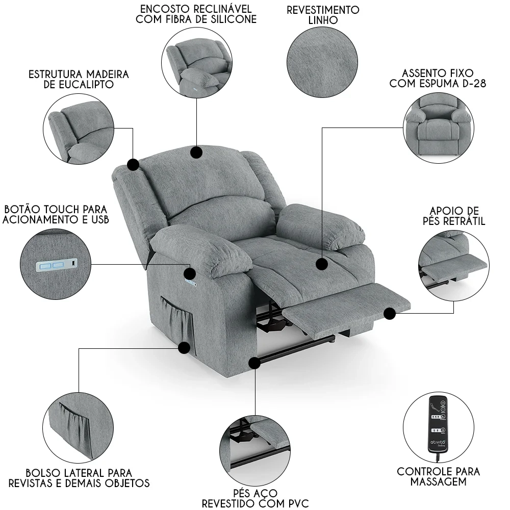 Poltrona do Papai Reclinável Pietra Elétrica LED Massagem FH9 Linho Cinza - Mpozenato