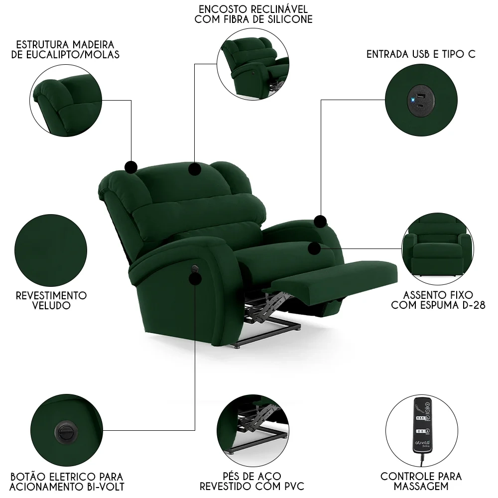 Poltrona do Papai Reclinável Kalie Power Elétrica Massagem FH9 Veludo Verde - Mpozenato