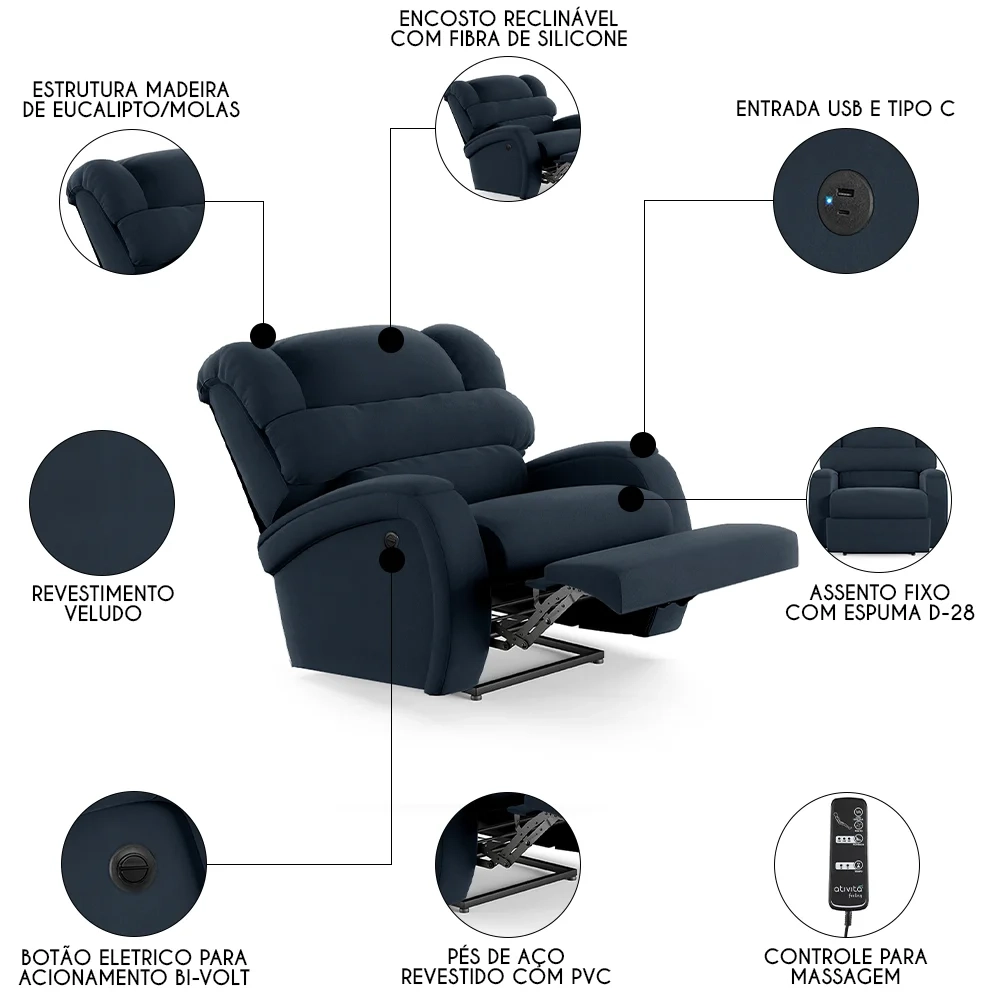 Poltrona do Papai Reclinável Kalie Power Elétrica Massagem FH9 Veludo Azul - Mpozenato