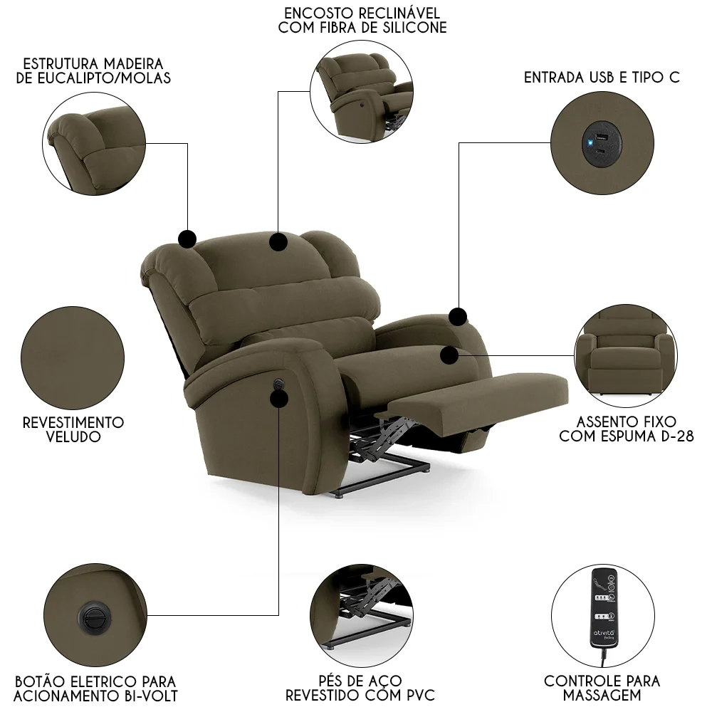 Poltrona do Papai Reclinável Kalie Power Elétrica Massagem FH9 Veludo Capuccino - Mpozenato