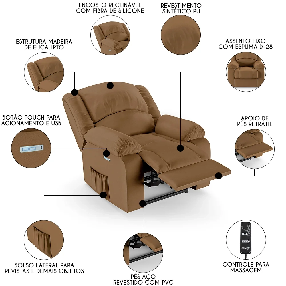 Poltrona do Papai Reclinável Pietra Elétrica LED Massagem FH9 PU Caramelo - Mpozenato