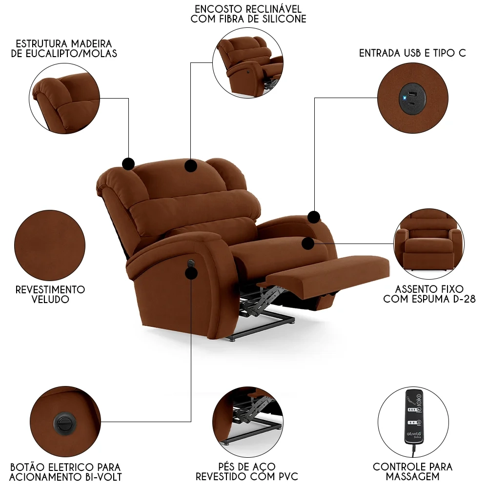Poltrona do Papai Reclinável Kalie Power Elétrica Massagem FH9 Veludo Terracota - Mpozenato
