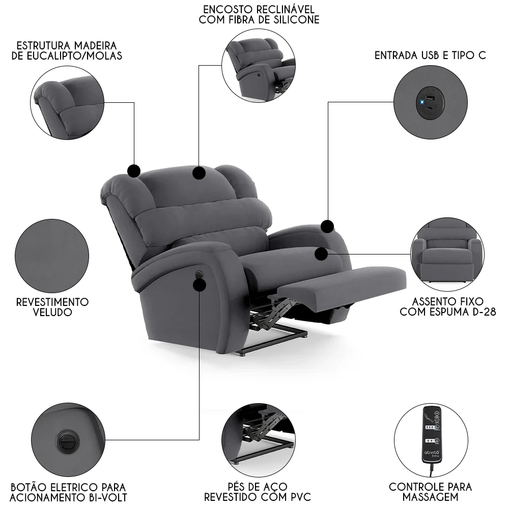 Poltrona do Papai Reclinável Kalie Power Elétrica Massagem FH9 Veludo Cinza - Mpozenato