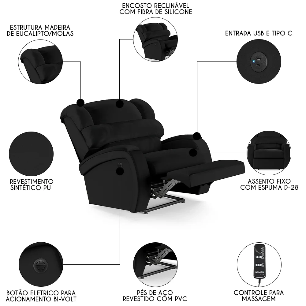 Poltrona do Papai Reclinável Kalie Power Elétrica Massagem FH9 PU Preto - Mpozenato