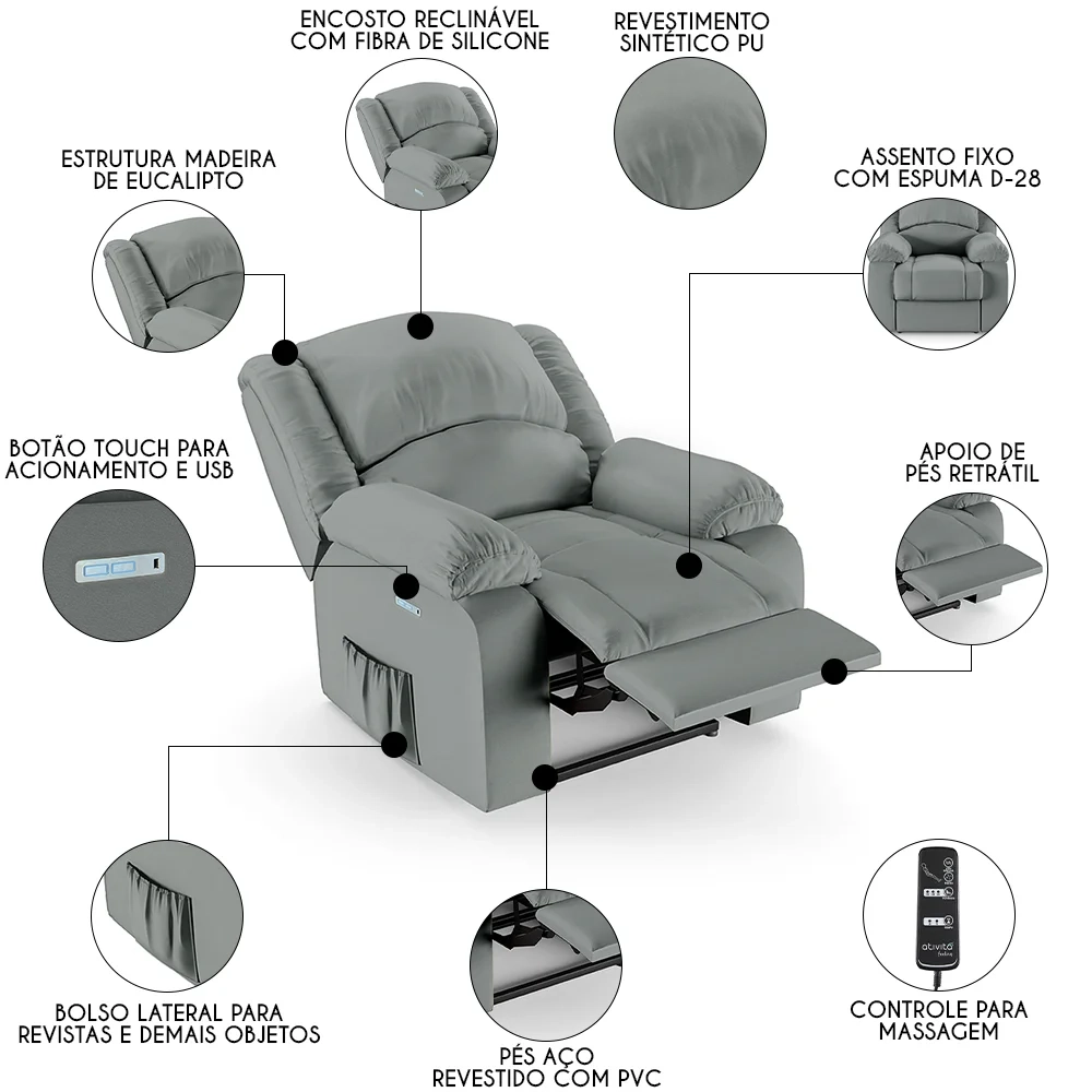 Poltrona do Papai Reclinável Pietra Elétrica LED Massagem FH9 PU Cinza - Mpozenato