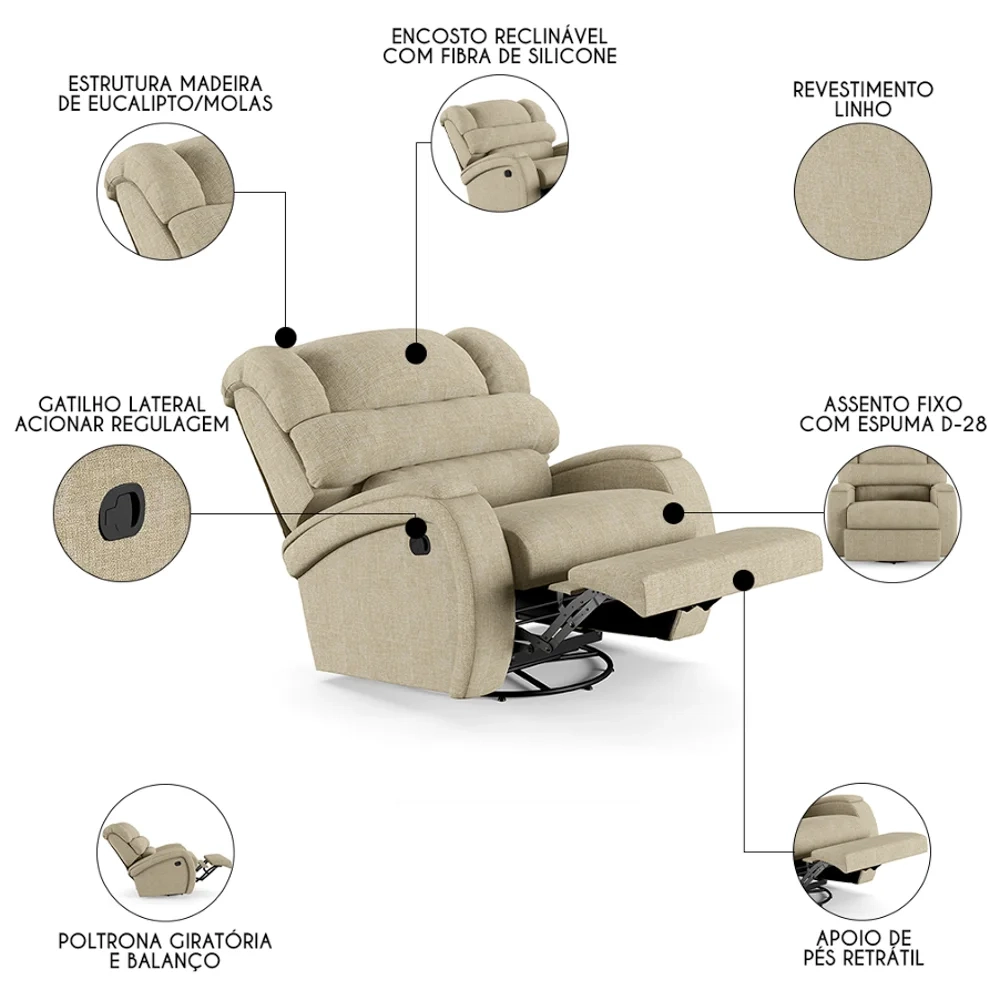 Poltrona do Papai Reclinável Kalie Glider Giratória FH9 Linho Bege - Mpozenato