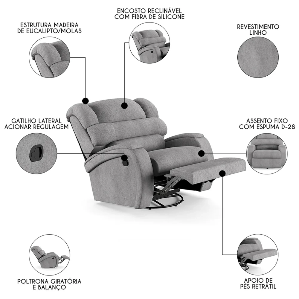 Poltrona do Papai Reclinável Kalie Glider Giratória FH9 Linho Cinza - Mpozenato