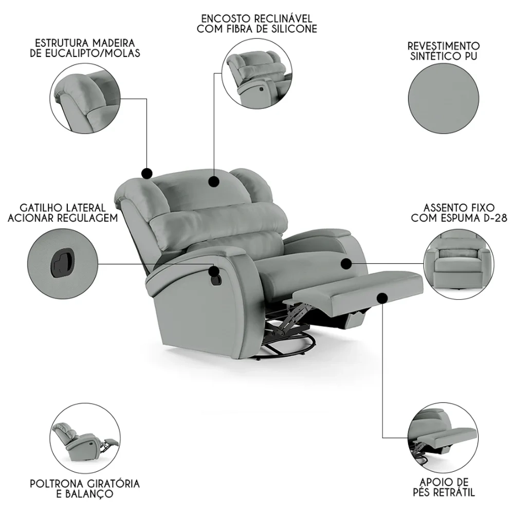 Poltrona do Papai Reclinável Kalie Glider Giratória FH9 PU Cinza - Mpozenato