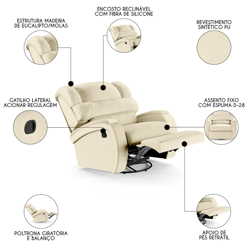 Poltrona do Papai Reclinável Kalie Glider Giratória FH9 PU Bege - Mpozenato