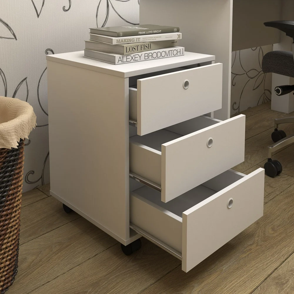Gaveteiro Escritório 60cm Rodízios 3 Gavetas New Branco - Artany