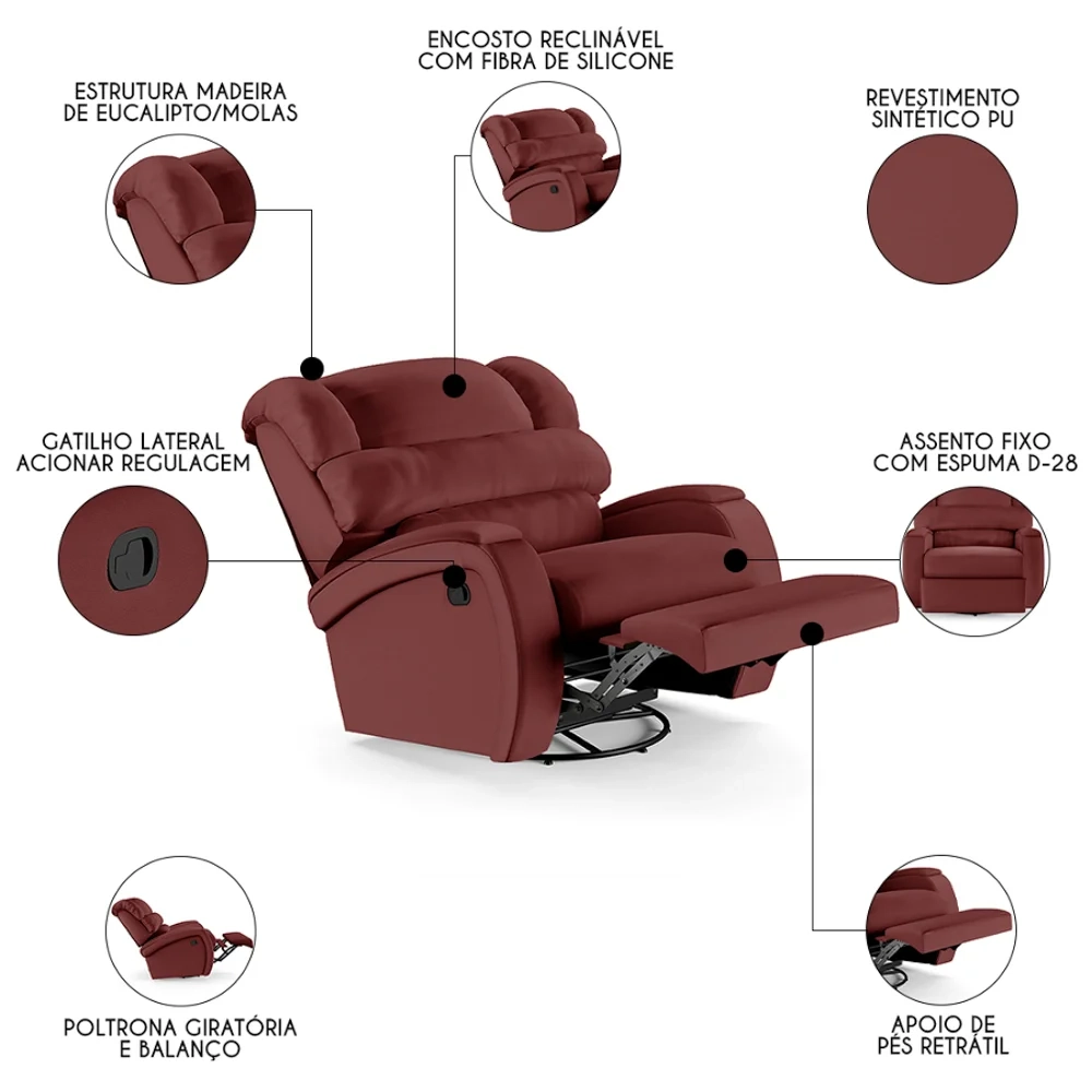 Poltrona do Papai Reclinável Kalie Glider Giratória FH9 PU Vermelho - Mpozenato