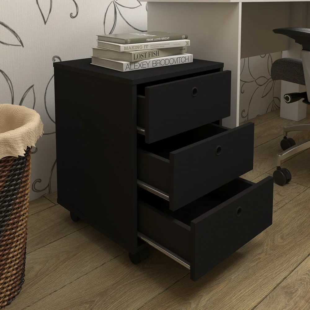 Gaveteiro Escritório 60cm Rodízios 3 Gavetas New Preto - Artany