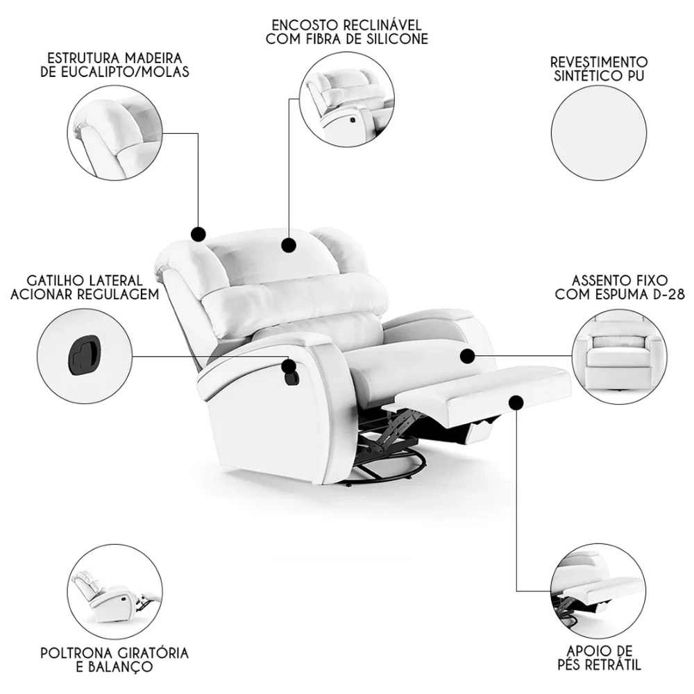 Poltrona do Papai Reclinável Kalie Glider Giratória FH9 PU Branco - Mpozenato