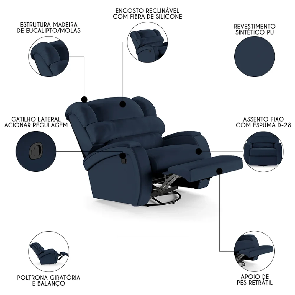 Poltrona do Papai Reclinável Kalie Glider Giratória FH9 PU Azul - Mpozenato