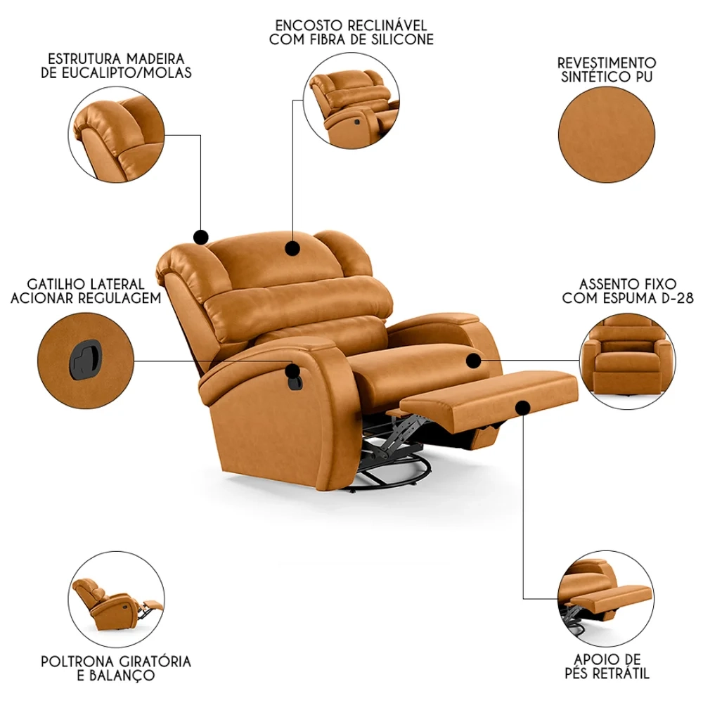 Poltrona do Papai Reclinável Kalie Glider Giratória FH9 PU Whisky - Mpozenato