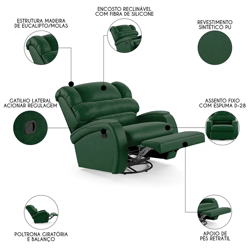 Poltrona do Papai Reclinável Kalie Glider Giratória FH9 PU Verde Musgo - Mpozenato