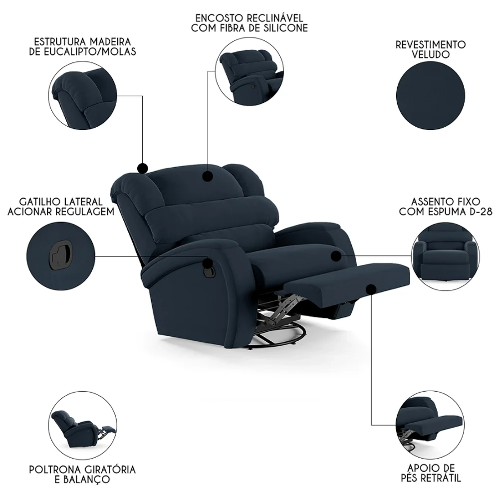 Poltrona do Papai Reclinável Kalie Glider Giratória FH9 Veludo Azul - Mpozenato