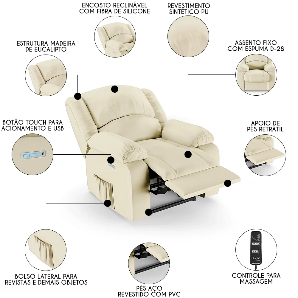 Poltrona do Papai Reclinável Pietra Elétrica LED Massagem FH9 PU Bege - Mpozenato