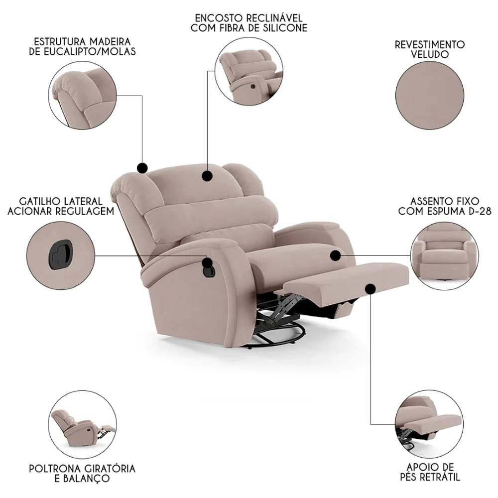 Poltrona do Papai Reclinável Kalie Glider Giratória FH9 Veludo Rosê - Mpozenato