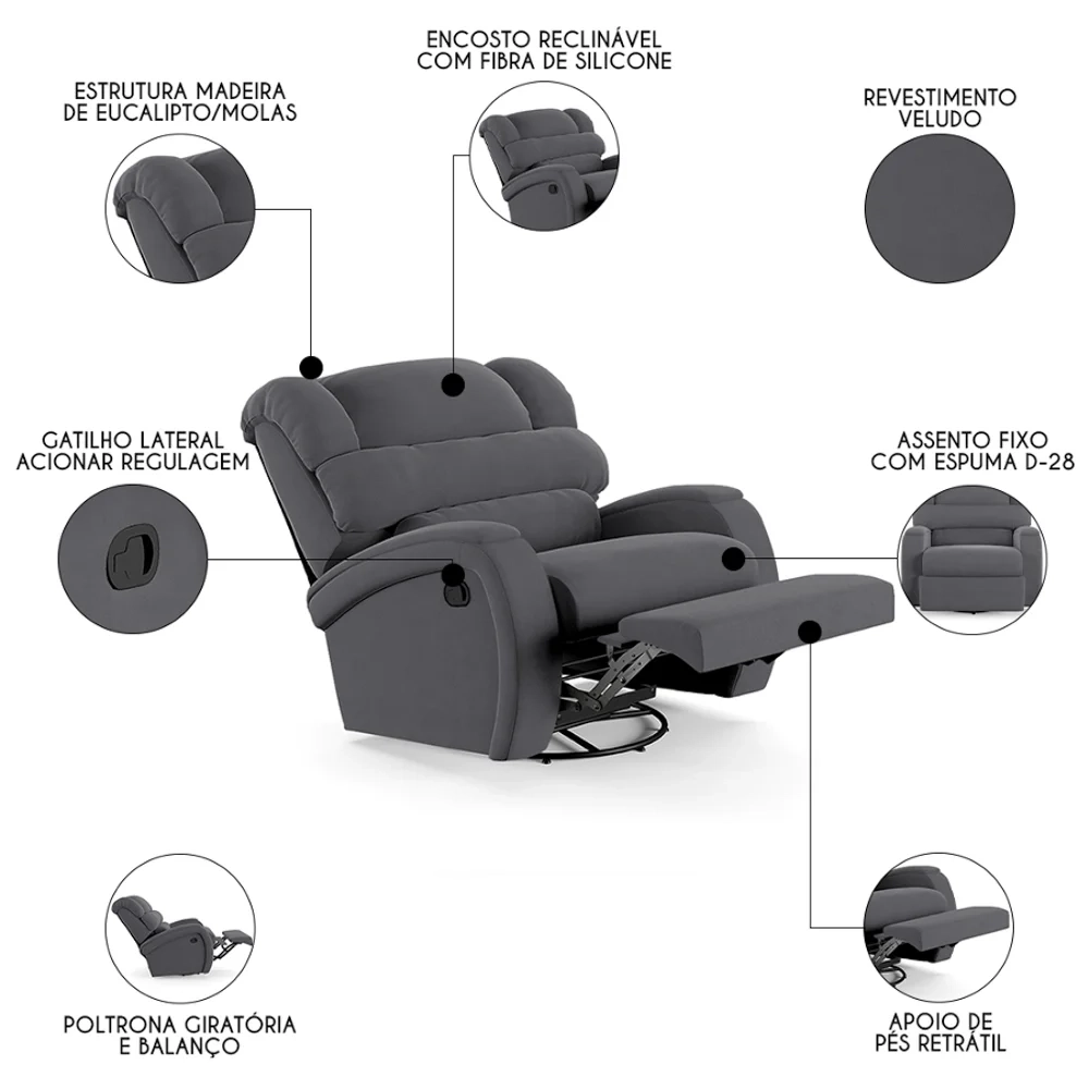 Poltrona do Papai Reclinável Kalie Glider Giratória FH9 Veludo Cinza - Mpozenato