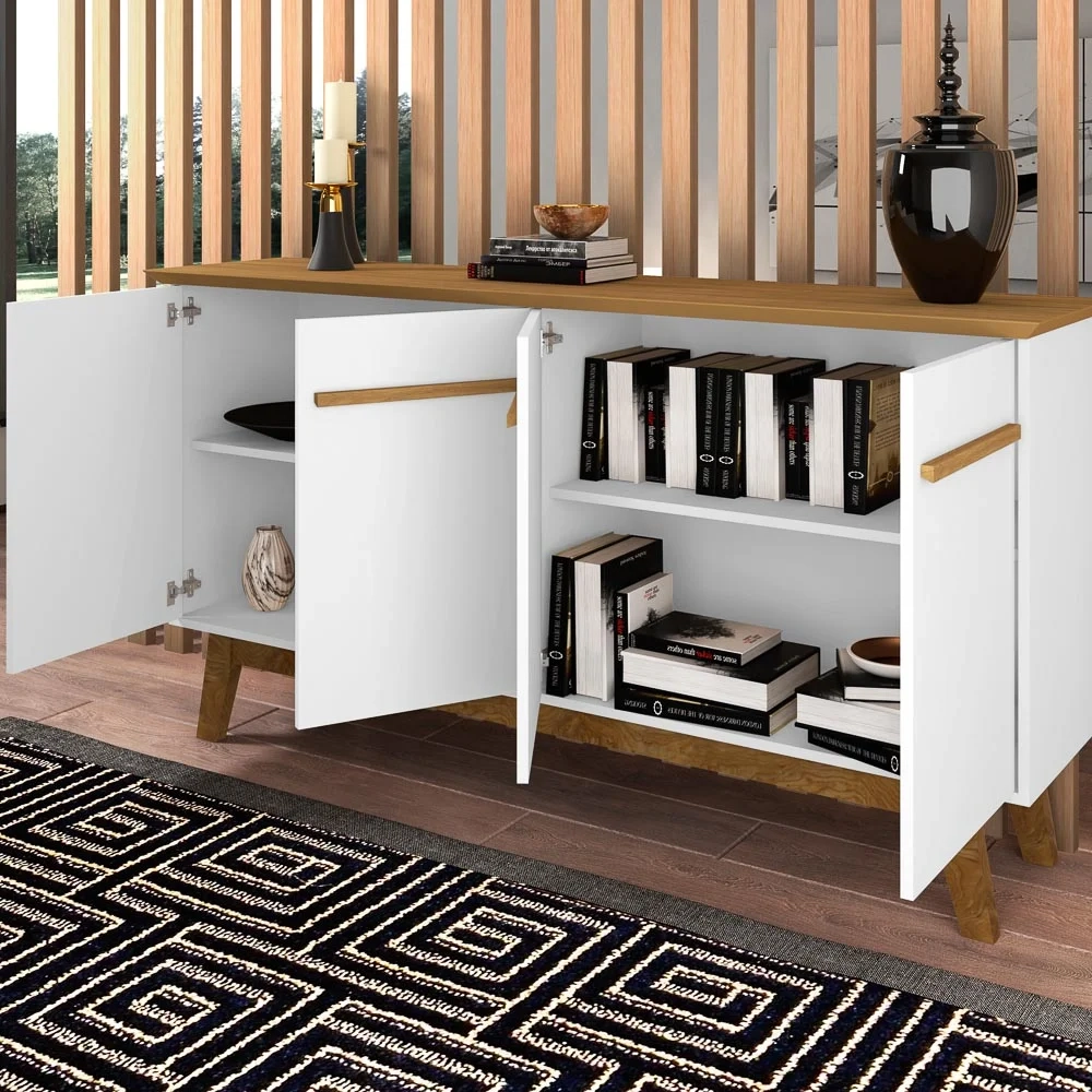Buffet Aparador Sala de Estar 160cm 4 Portas Opala Cinamomo/Branco - Bechara