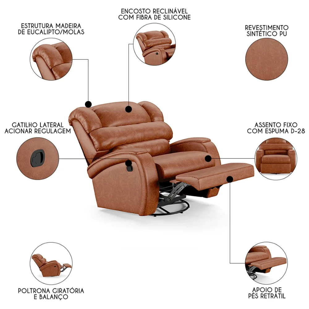 Poltrona do Papai Reclinável Kalie Glider Giratória FH9 PU Caramelo Brilho - Mpozenato