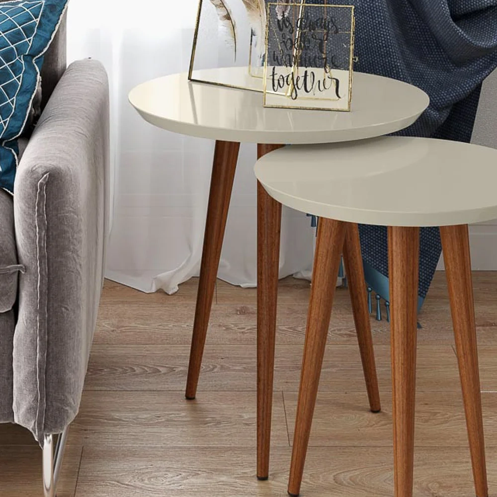 Mesa de Apoio Redonda Pés Madeira Luna 530 Off White - Patrimar